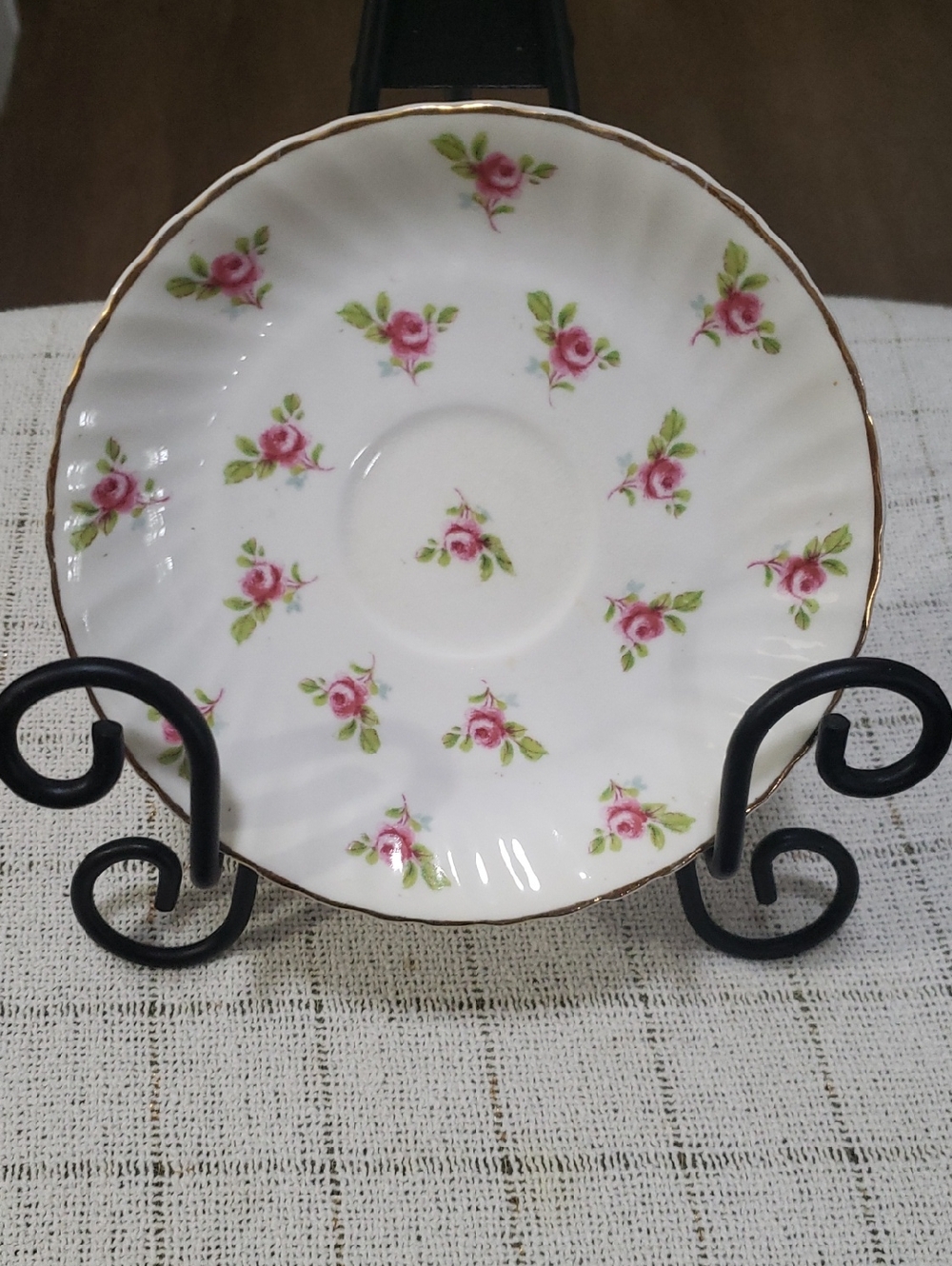 Vintage Floral Pink Rose Porcelain Saucer with Gold Trim